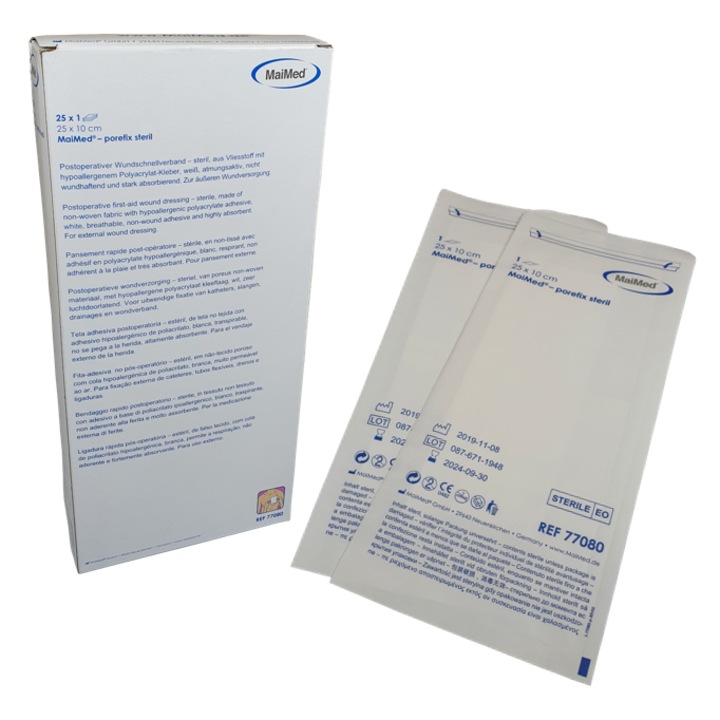 Set 25 plasturi sterili postoperatorii, MaiMed, Fibre sintetice, Hipoalergenic, 25 x 10 cm, Alb