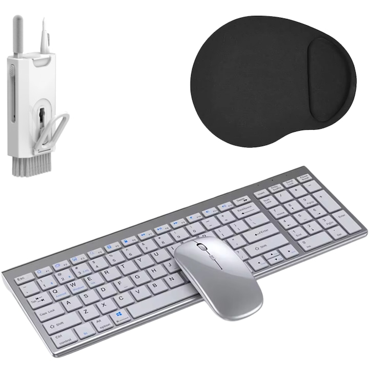 Set Tastatura si Mouse Elxicor cu Baterie Reincarcabila, Design Elegant, Ergonomic si Confortabil, Conectivitate Universala, Sensibilitate Reglabila, Compatibile cu orice Dispozitiv, Mousepad si Kit de Curatare incluse