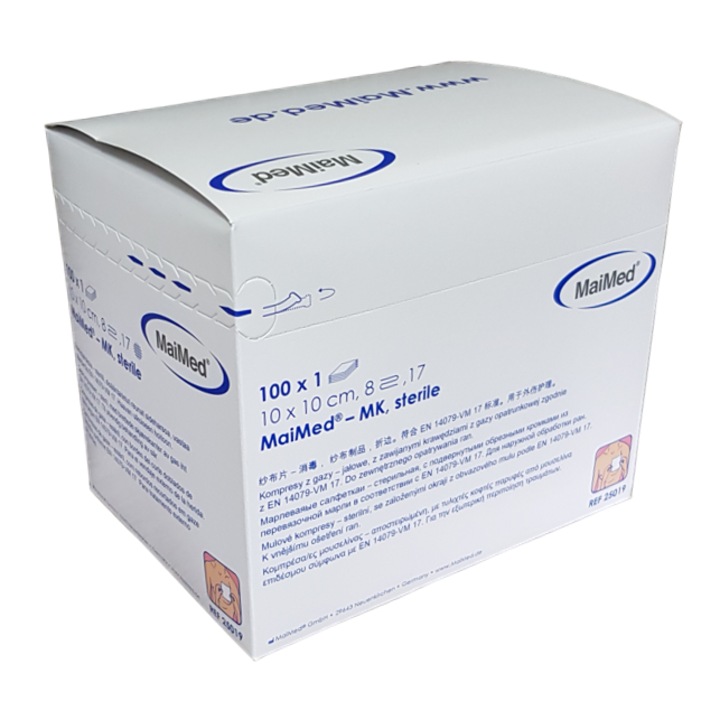 Комплект от 100 стерилни компреса MaiMed, памук, 8 слоя, 10x10 см, бял