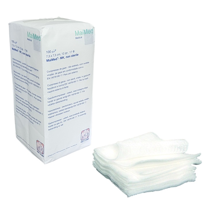 Tampoane de tifon nesterile, 12 straturi, 17 fire, 7,5 cm x 7,5 cm, 100 buc, MK Maimed