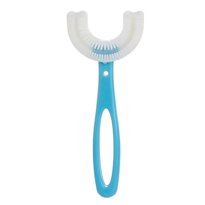 U-alakú fogkefe, Flippy, 6-12 éves gyermekeknek, puha sörtéjű, 12 cm, Szívmintás, Kék Szín