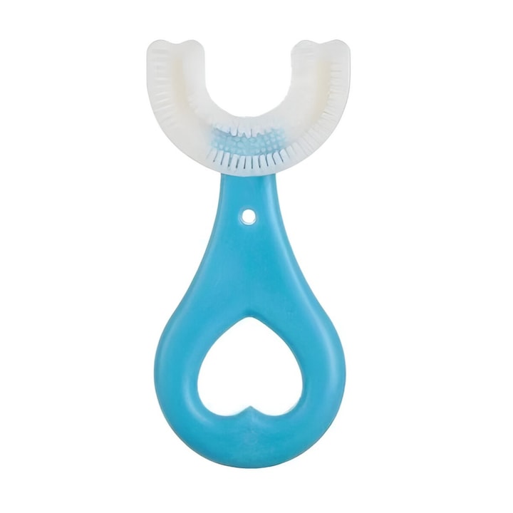 U-alakú fogkefe, Flippy, csecsemőknek és 2-6 éves gyermekeknek, puha sörtéjű, 9 cm, szív mintás, kék színű
