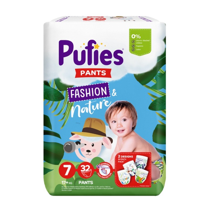 Set 2 x 32 Scutece Pufies Pants Fashion & Nature, Nr. 7, Extra Large+, 17 kg+