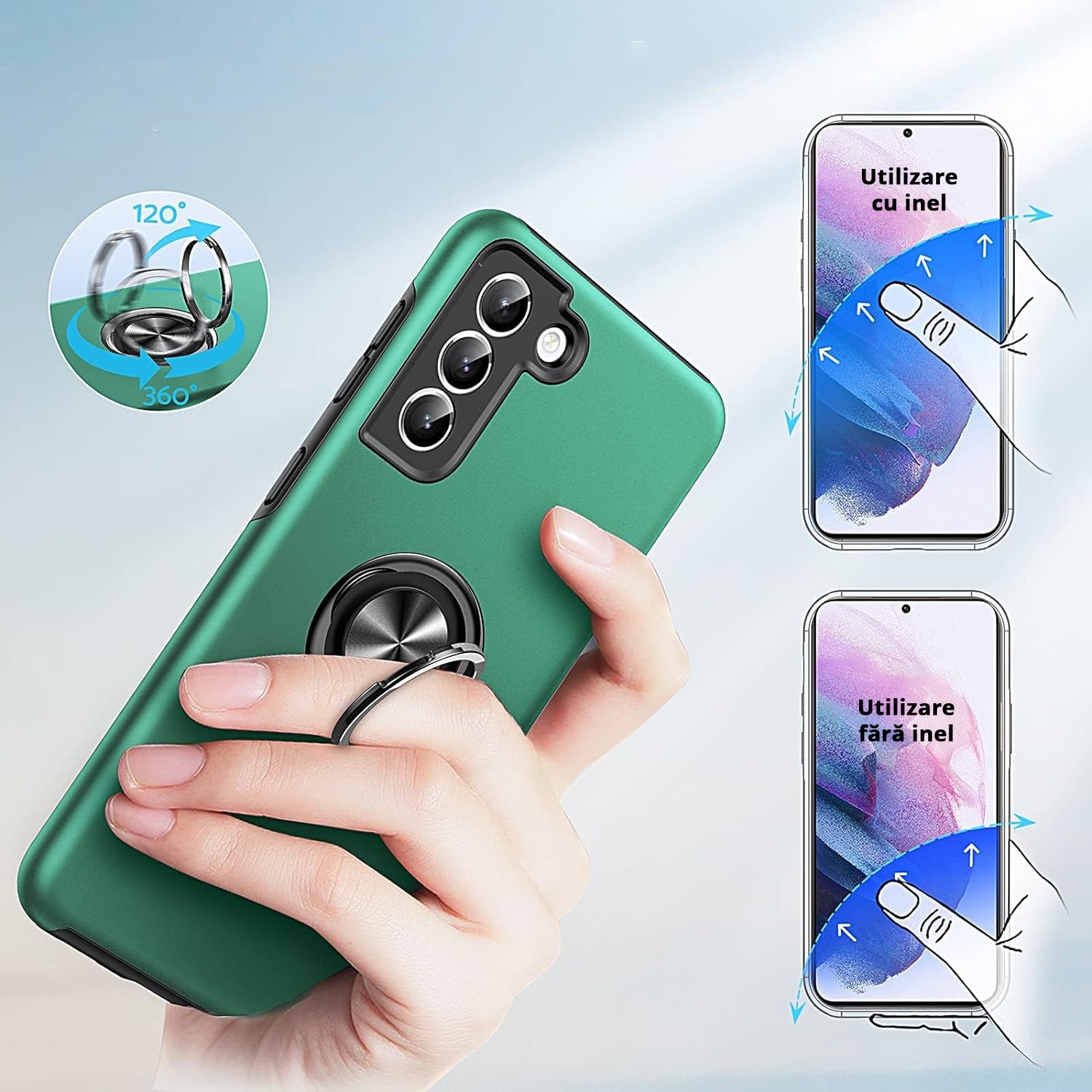 Husa pentru Samsung Galaxy S21 PLUS, inel rotativ si Kickstand 360°, Protectie Militara Antisoc, cu disipare termica, Verde