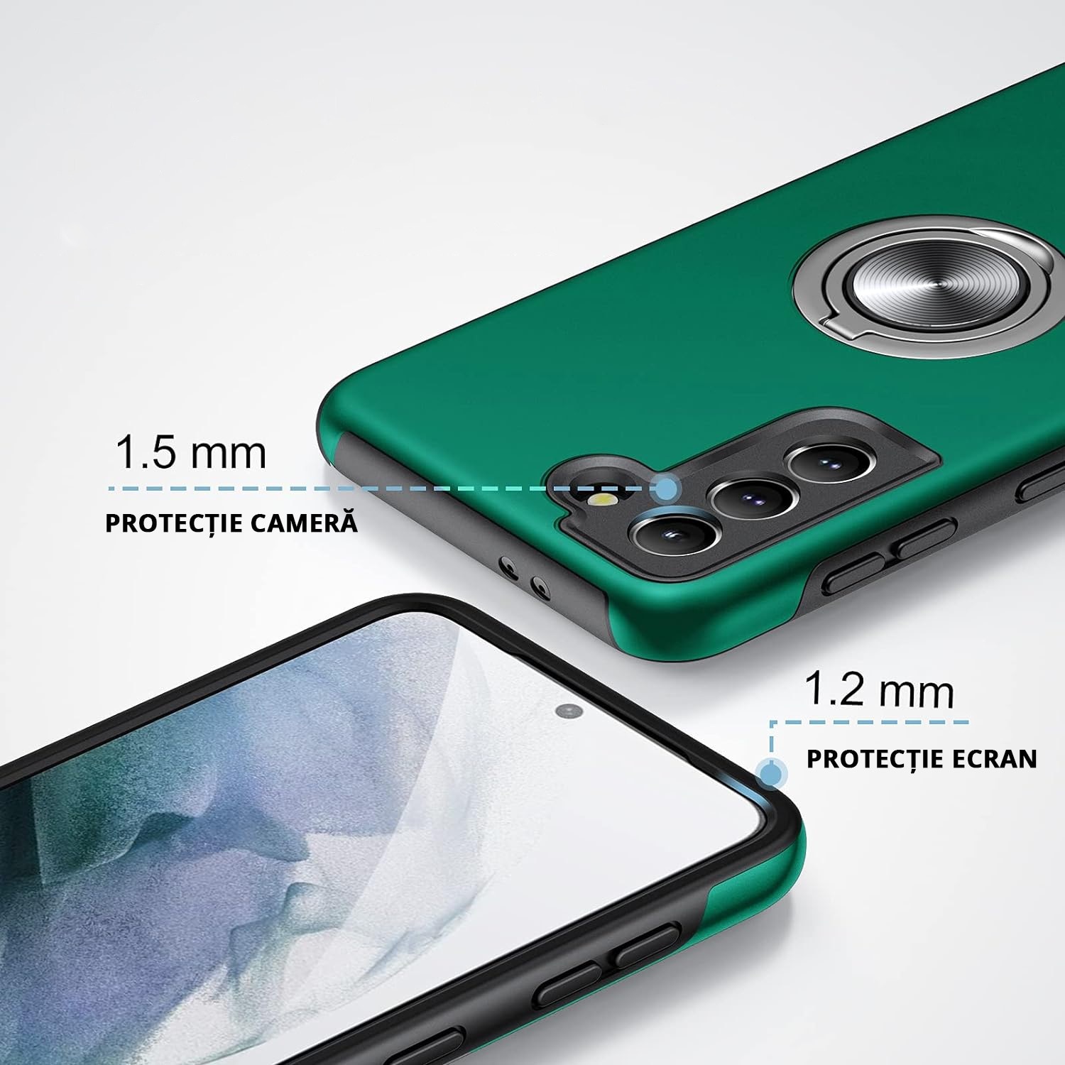 Husa pentru Samsung Galaxy S21 PLUS, inel rotativ si Kickstand 360°, Protectie Militara Antisoc, cu disipare termica, Verde