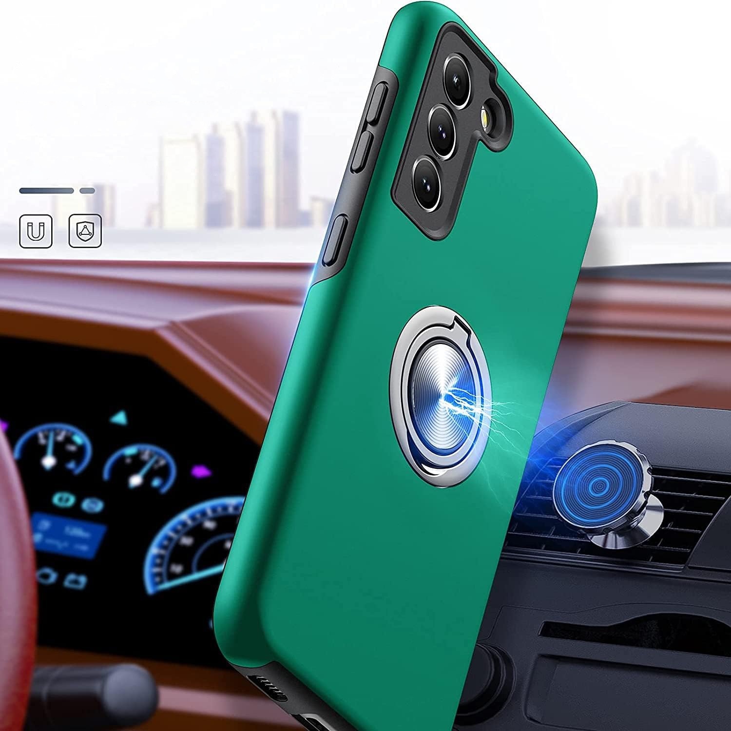 Husa pentru Samsung Galaxy S21 PLUS, inel rotativ si Kickstand 360°, Protectie Militara Antisoc, cu disipare termica, Verde