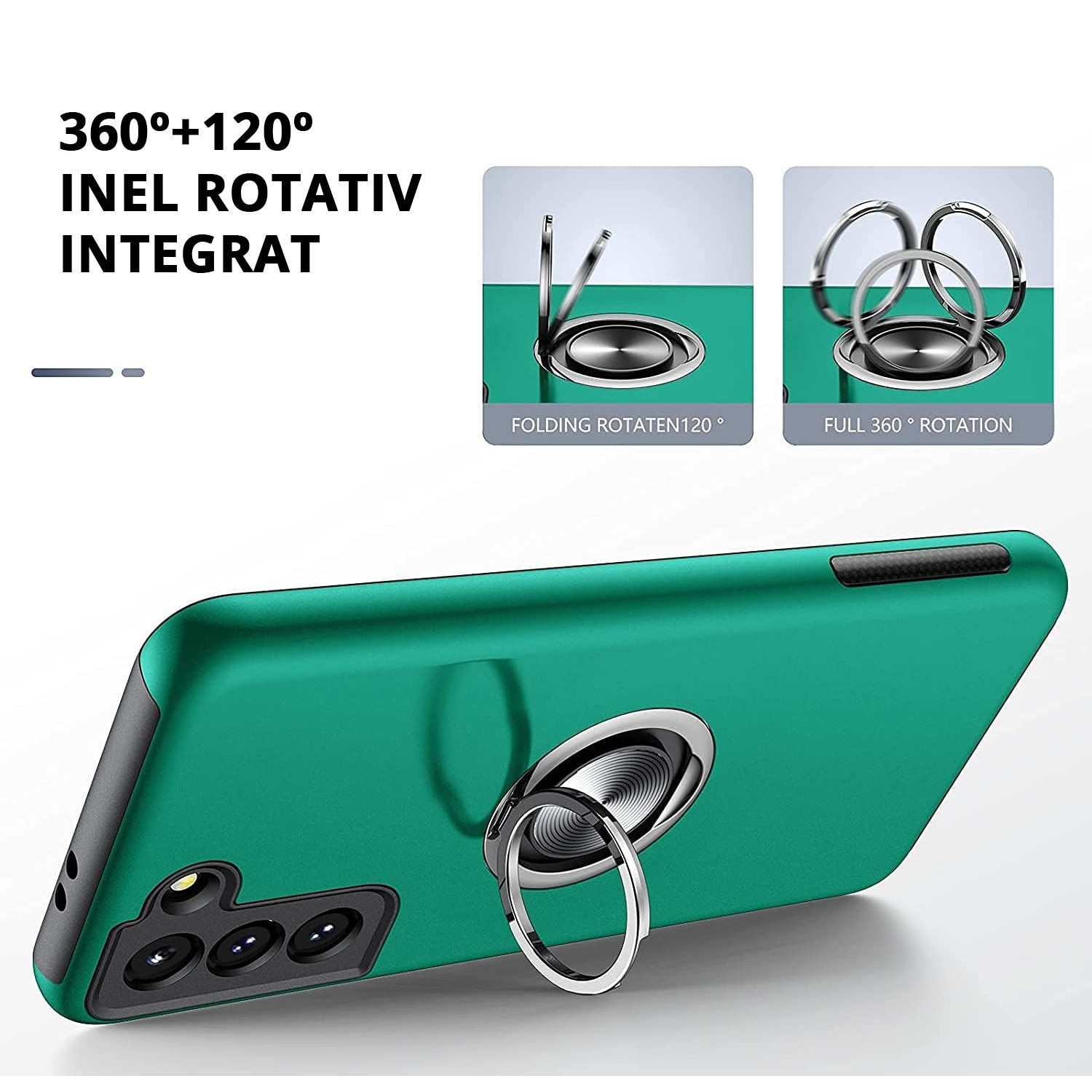 Husa pentru Samsung Galaxy S21 PLUS, inel rotativ si Kickstand 360°, Protectie Militara Antisoc, cu disipare termica, Verde