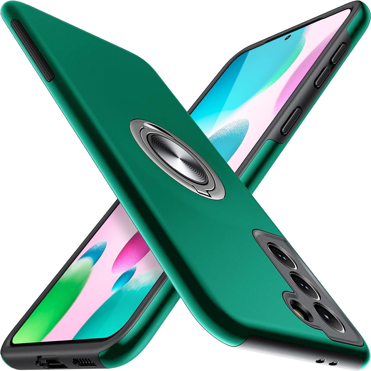 Husa pentru Samsung Galaxy S21 PLUS, inel rotativ si Kickstand 360°, Protectie Militara Antisoc, cu disipare termica, Verde