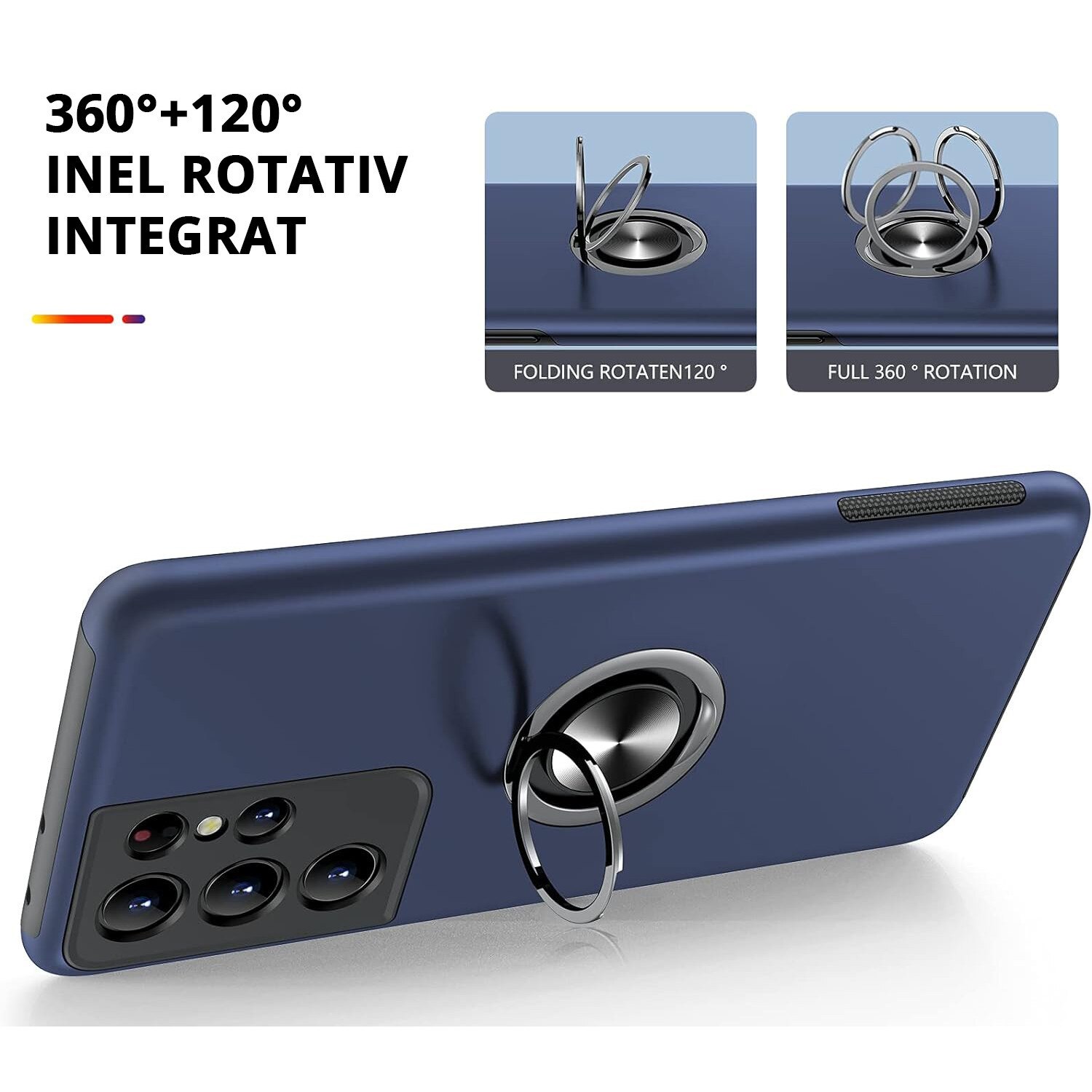 Husa pentru Samsung Galaxy S21 Ultra, MobileSmart, Hibrid Antisoc, Inel Rotativ 360° Magnetic pentru Suport Auto, Albastru Inchis