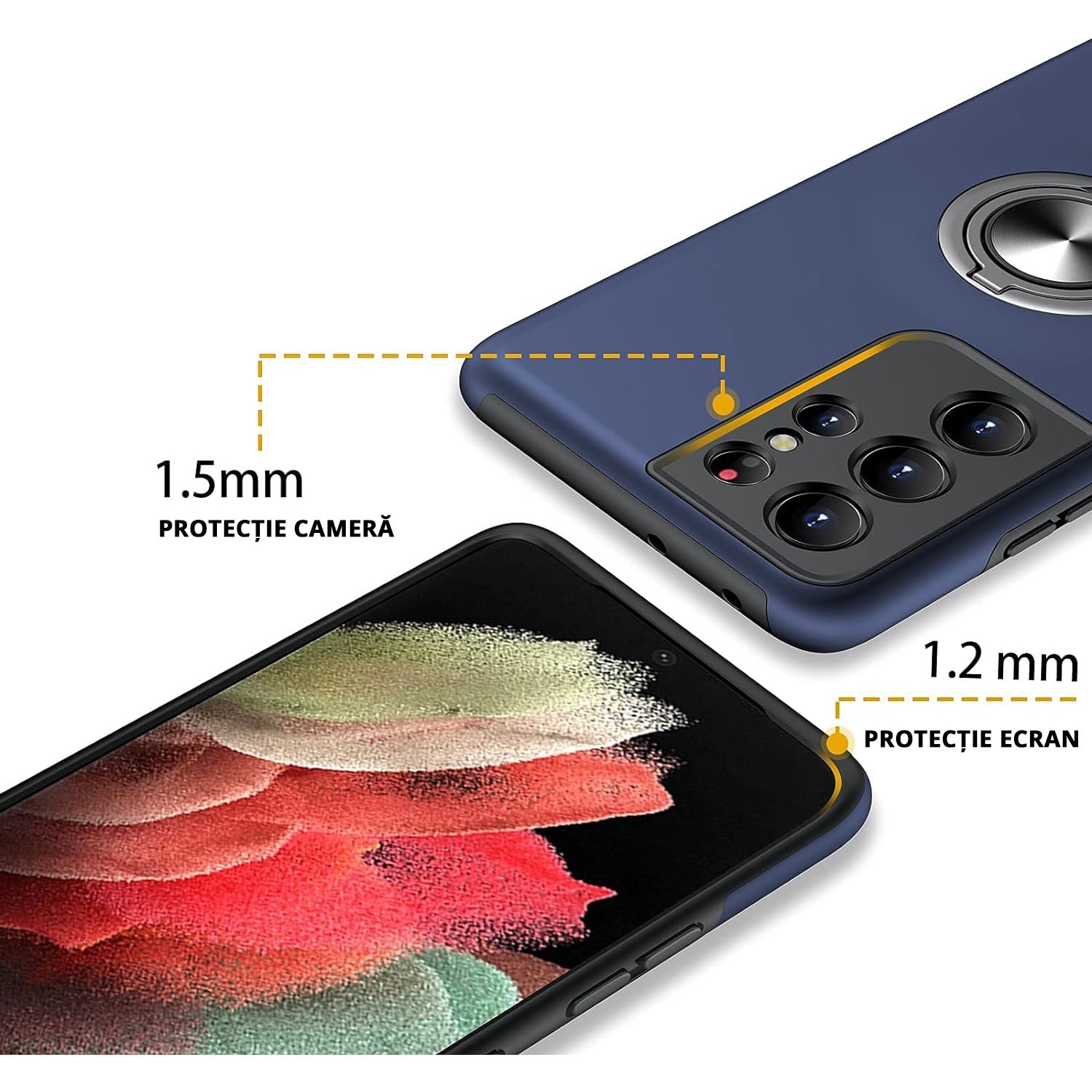Husa pentru Samsung Galaxy S21 Ultra, MobileSmart, Hibrid Antisoc, Inel Rotativ 360° Magnetic pentru Suport Auto, Albastru Inchis
