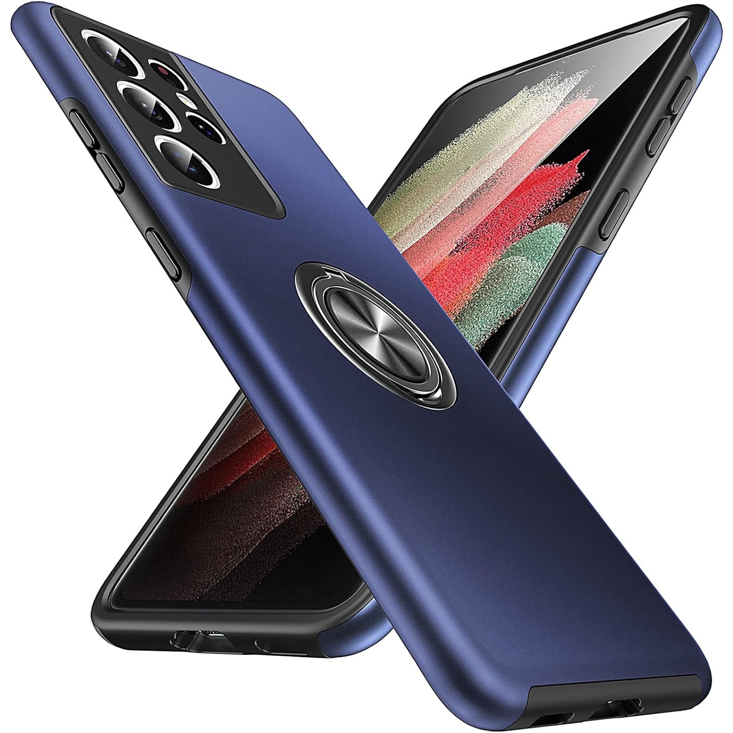 Husa pentru Samsung Galaxy S21 Ultra, MobileSmart, Hibrid Antisoc, Inel Rotativ 360° Magnetic pentru Suport Auto, Albastru Inchis