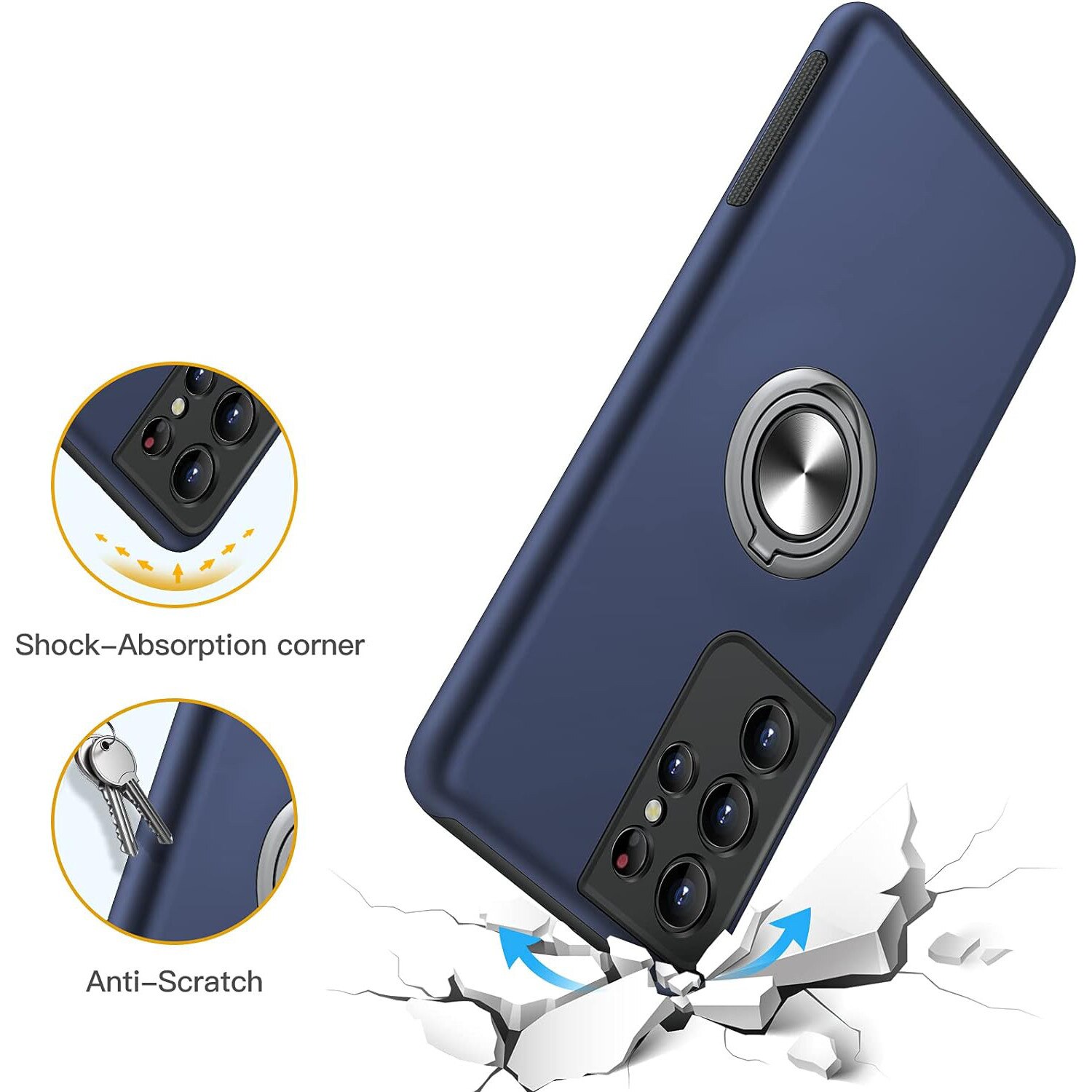 Husa pentru Samsung Galaxy S21 Ultra, MobileSmart, Hibrid Antisoc, Inel Rotativ 360° Magnetic pentru Suport Auto, Albastru Inchis