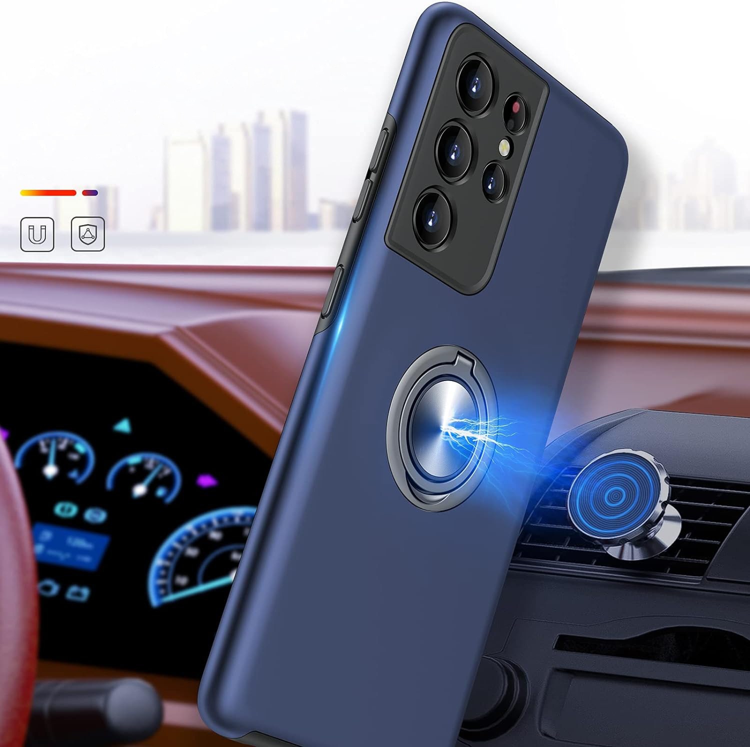 Husa pentru Samsung Galaxy S21 Ultra, MobileSmart, Hibrid Antisoc, Inel Rotativ 360° Magnetic pentru Suport Auto, Albastru Inchis
