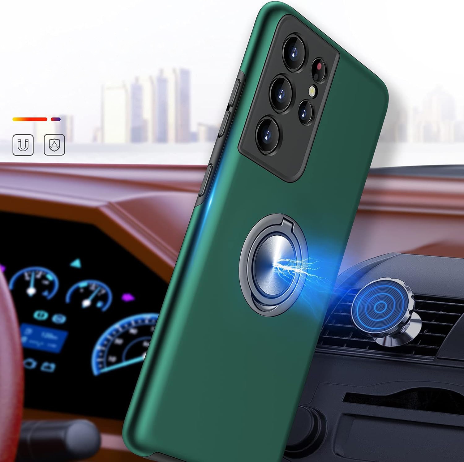 Husa pentru Samsung Galaxy S21 Ultra, MobileSmart, Hibrid Antisoc, Inel Rotativ 360° Magnetic pentru Suport Auto, Verde