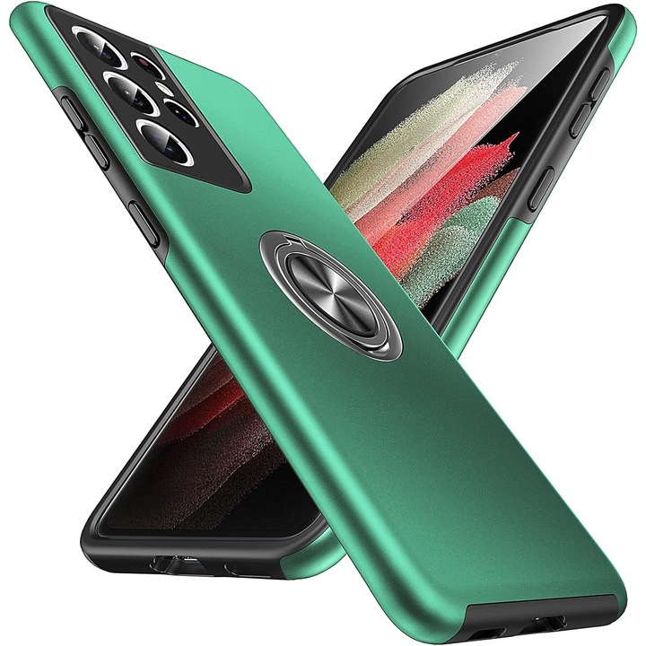 Husa pentru Samsung Galaxy S21 Ultra, MobileSmart, Hibrid Antisoc, Inel Rotativ 360° Magnetic pentru Suport Auto, Verde