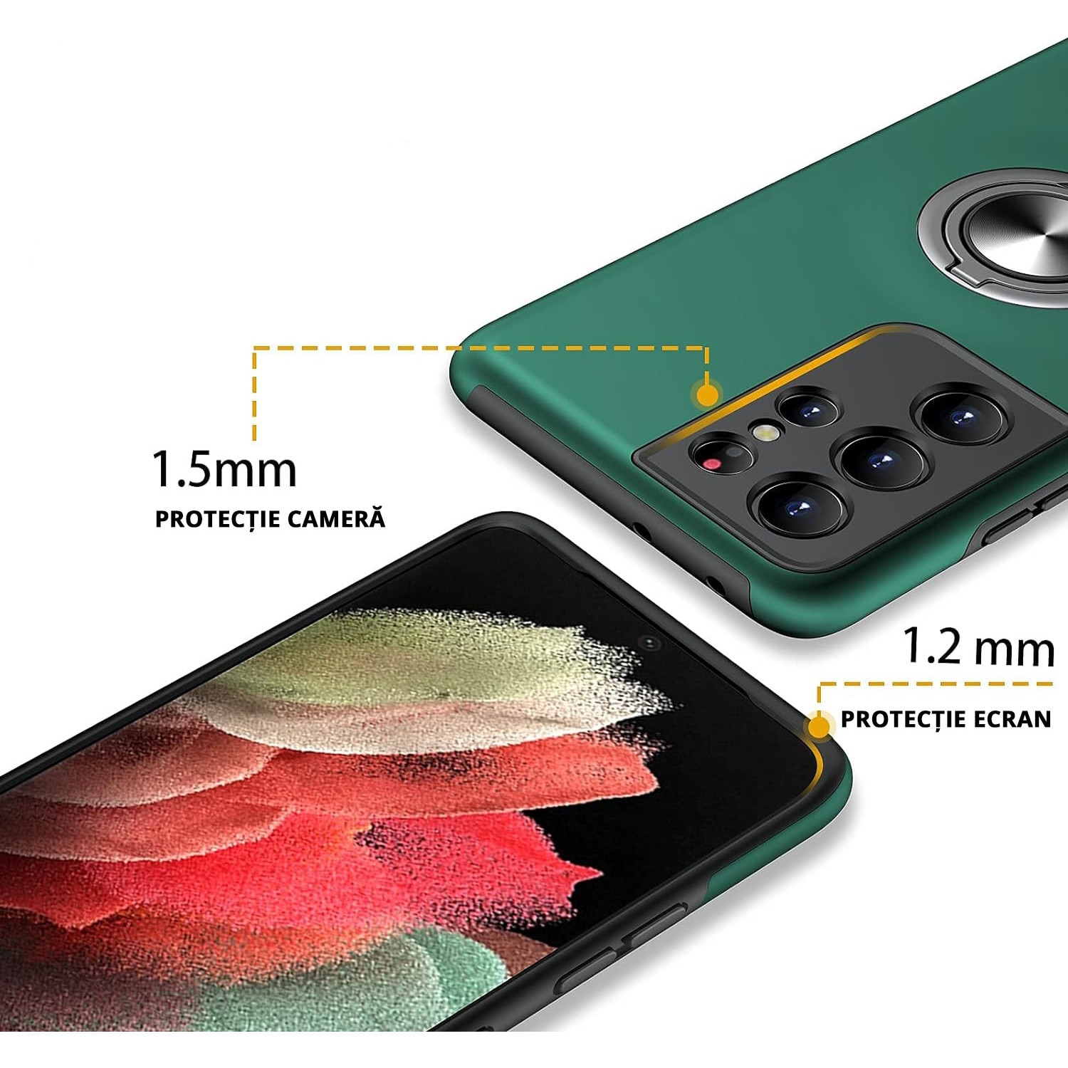 Husa pentru Samsung Galaxy S21 Ultra, MobileSmart, Hibrid Antisoc, Inel Rotativ 360° Magnetic pentru Suport Auto, Verde