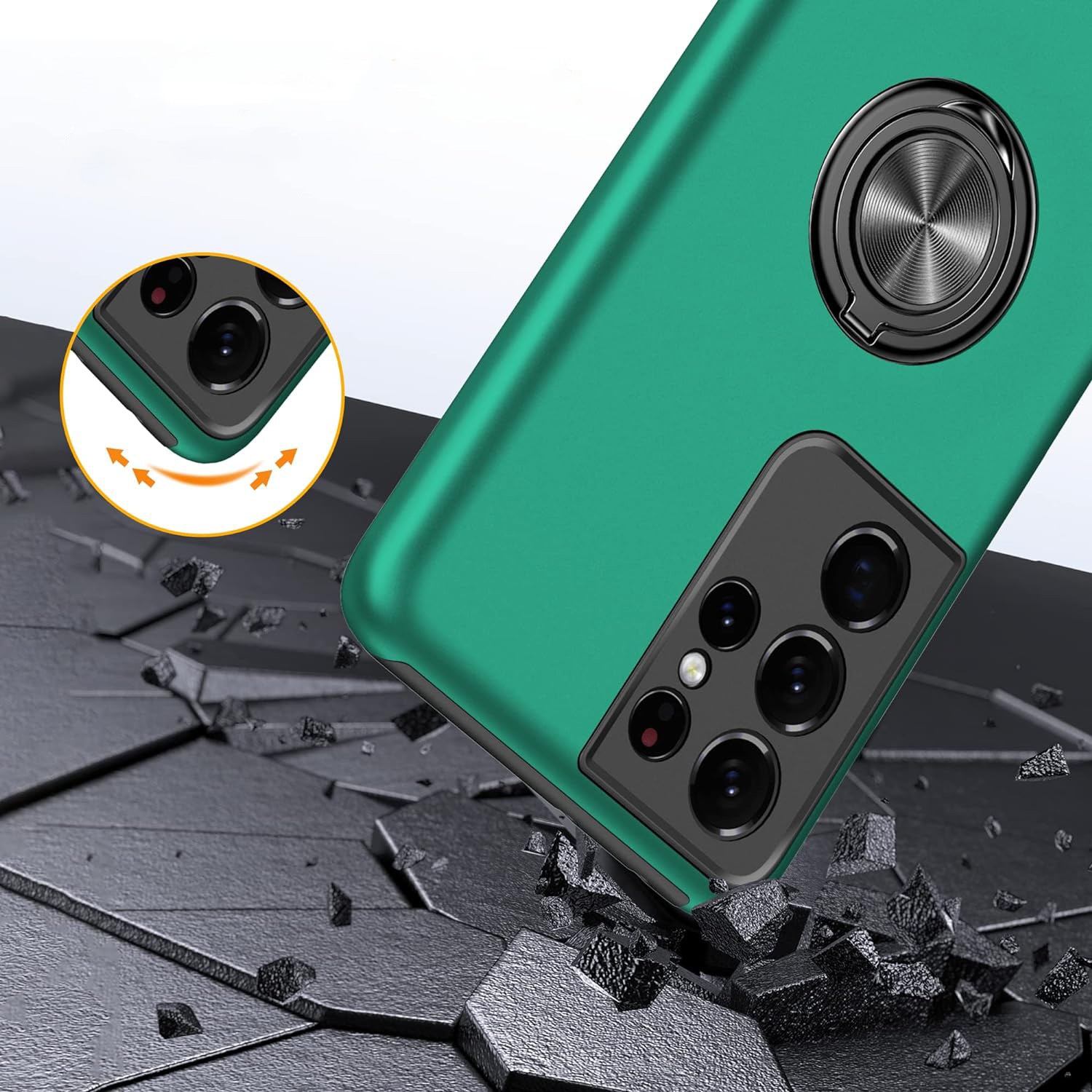 Husa pentru Samsung Galaxy S21 Ultra, MobileSmart, Hibrid Antisoc, Inel Rotativ 360° Magnetic pentru Suport Auto, Verde