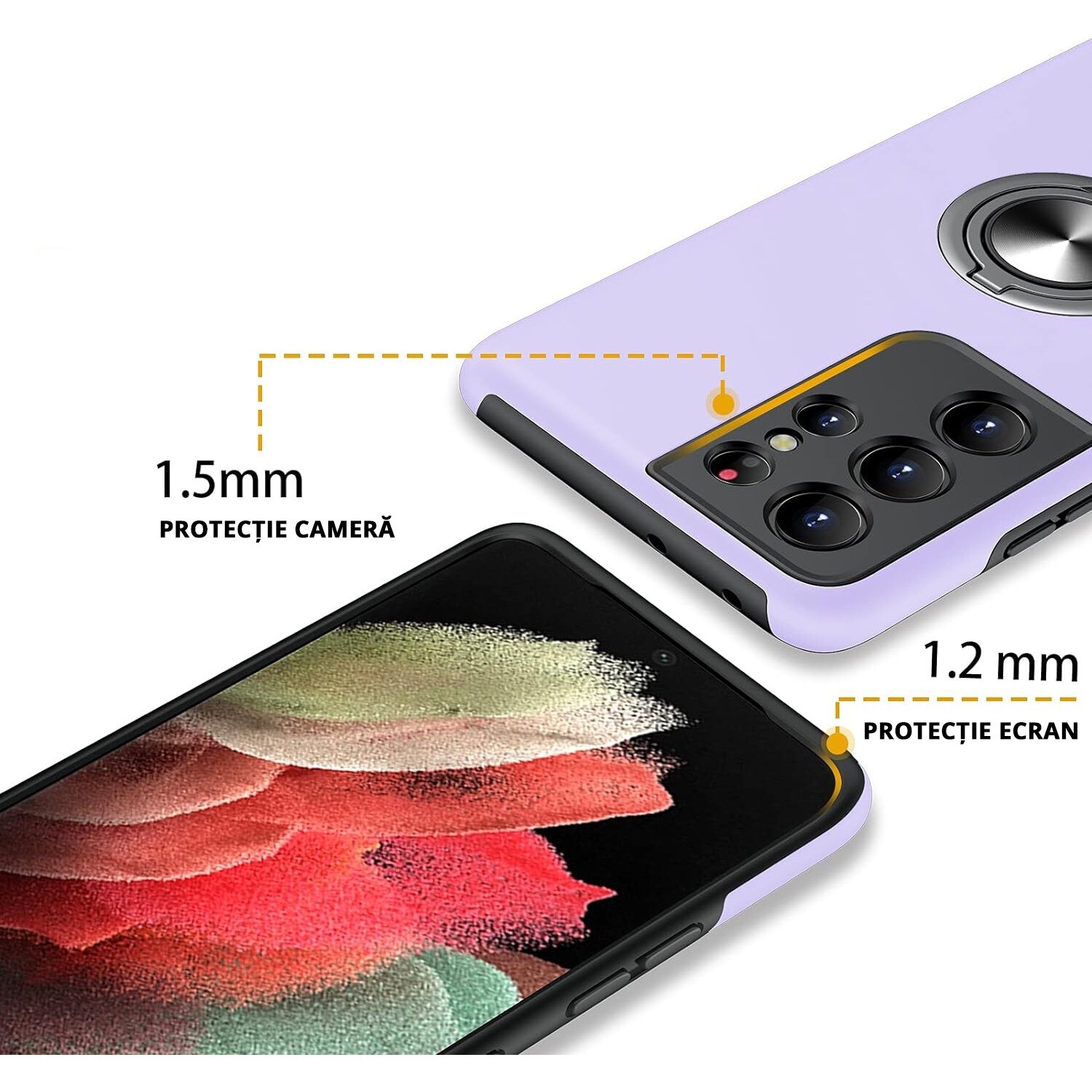 Husa pentru Samsung Galaxy S21 Ultra, MobileSmart, Hibrid Antisoc, Inel Rotativ 360° Magnetic pentru Suport Auto, Mov