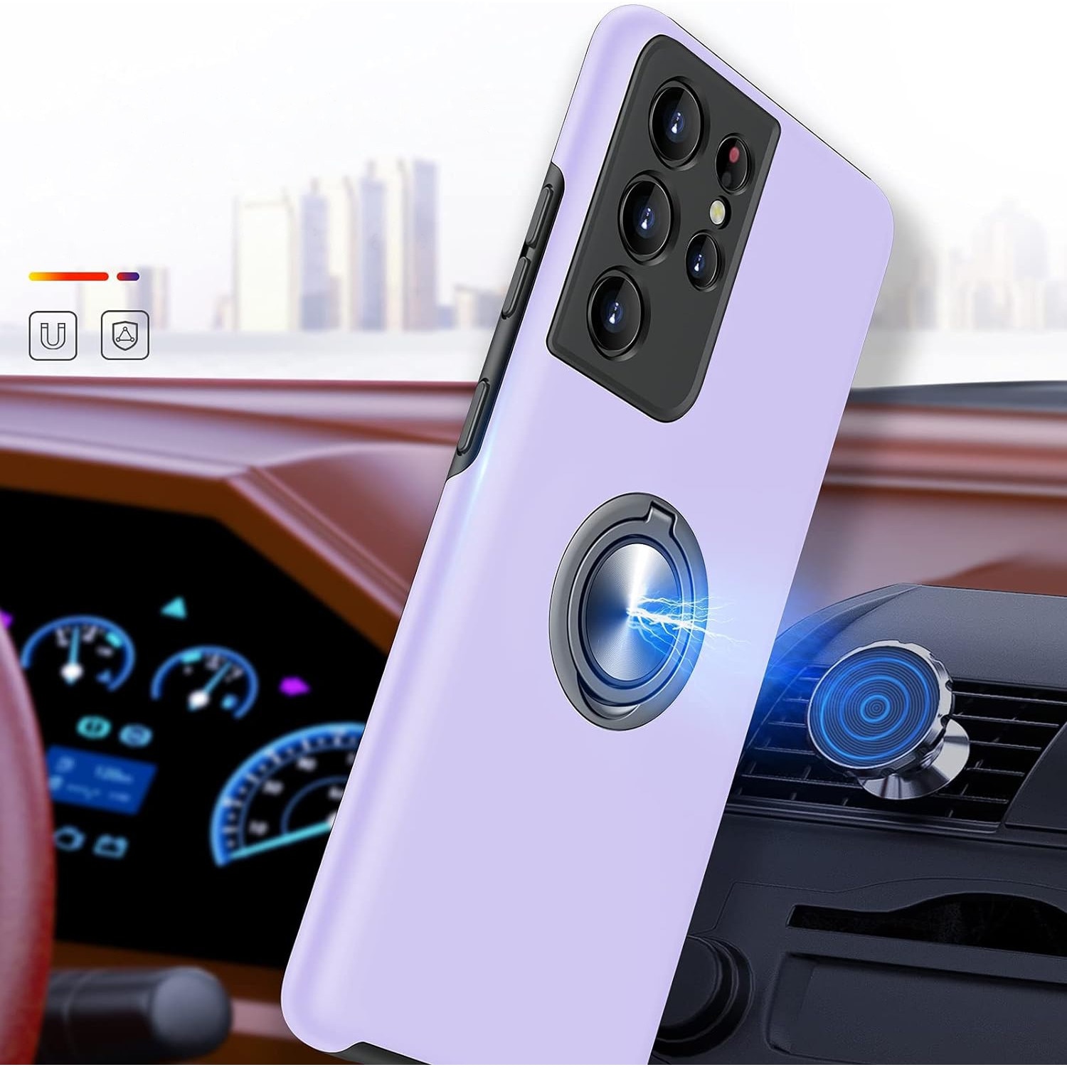 Husa pentru Samsung Galaxy S21 Ultra, MobileSmart, Hibrid Antisoc, Inel Rotativ 360° Magnetic pentru Suport Auto, Mov