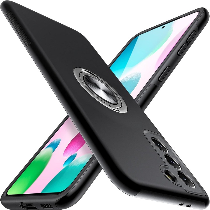 Husa pentru Samsung Galaxy S21, inel rotativ si Kickstand 360°, Protectie Militara Antisoc, cu disipare termica, Negru