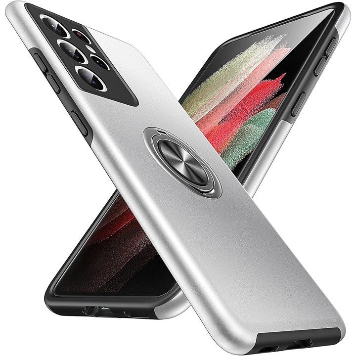 Husa pentru Samsung Galaxy S21 ULTRA, inel rotativ si Kickstand 360°, Protectie Militara Antisoc, cu disipare termica, Silver