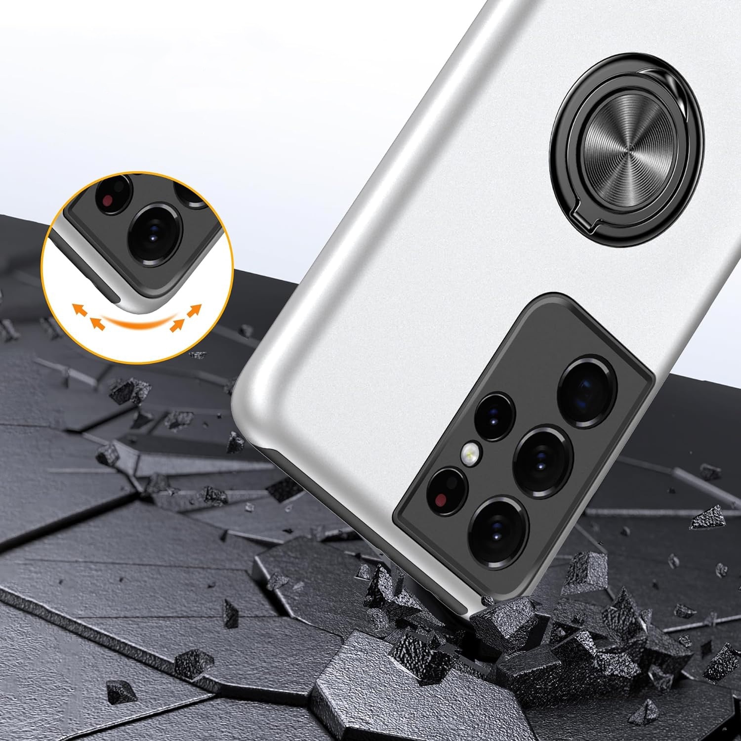 Husa pentru Samsung Galaxy S21 ULTRA, inel rotativ si Kickstand 360°, Protectie Militara Antisoc, cu disipare termica, Silver