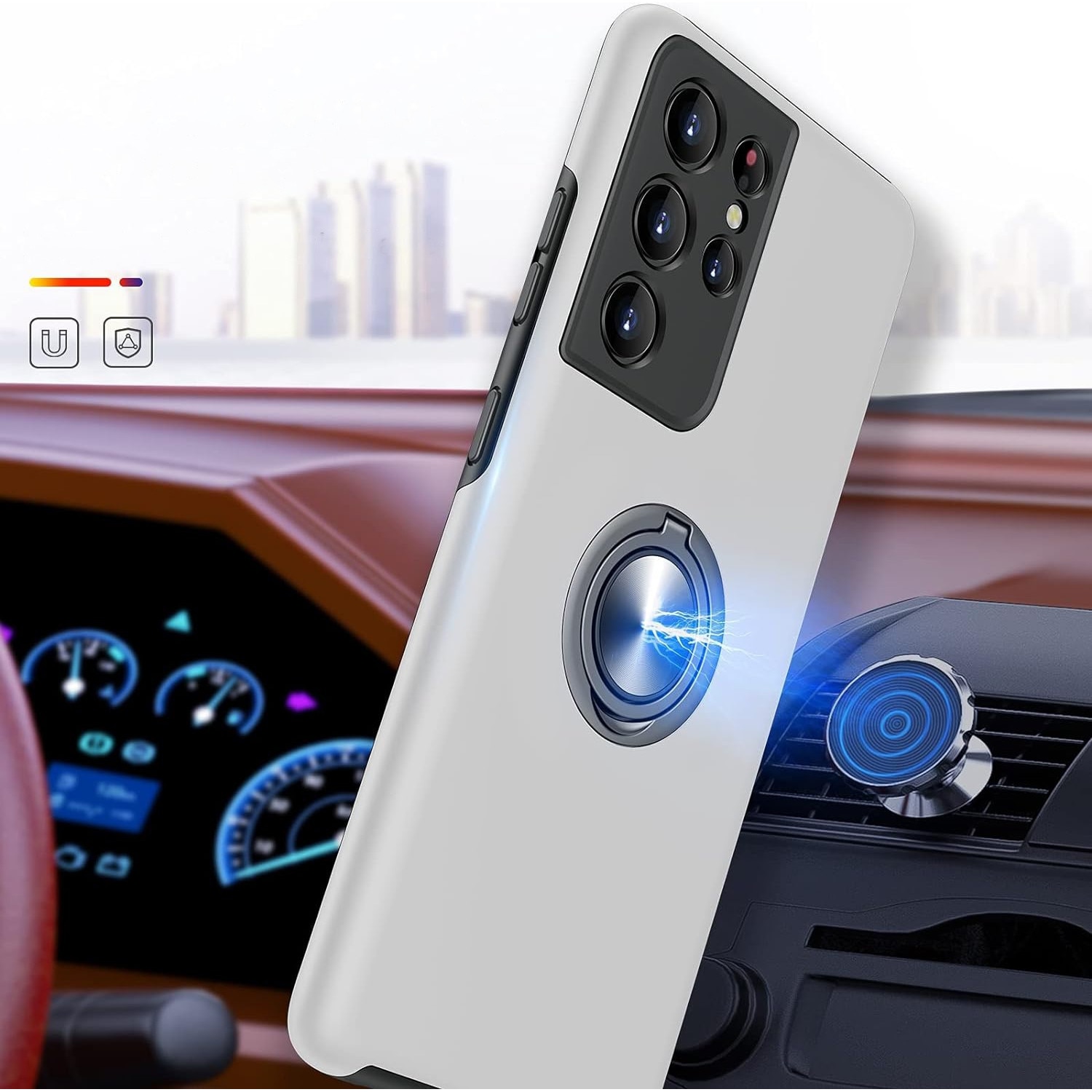 Husa pentru Samsung Galaxy S21 ULTRA, inel rotativ si Kickstand 360°, Protectie Militara Antisoc, cu disipare termica, Silver