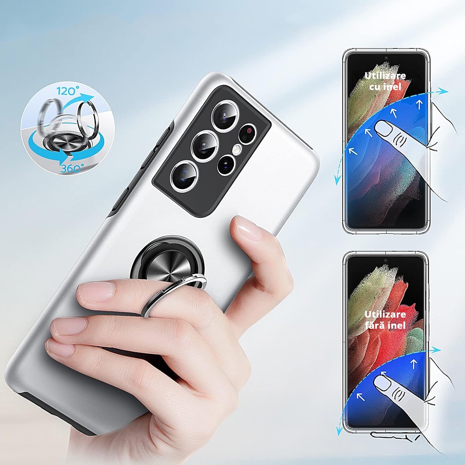 Husa pentru Samsung Galaxy S21 ULTRA, inel rotativ si Kickstand 360°, Protectie Militara Antisoc, cu disipare termica, Silver