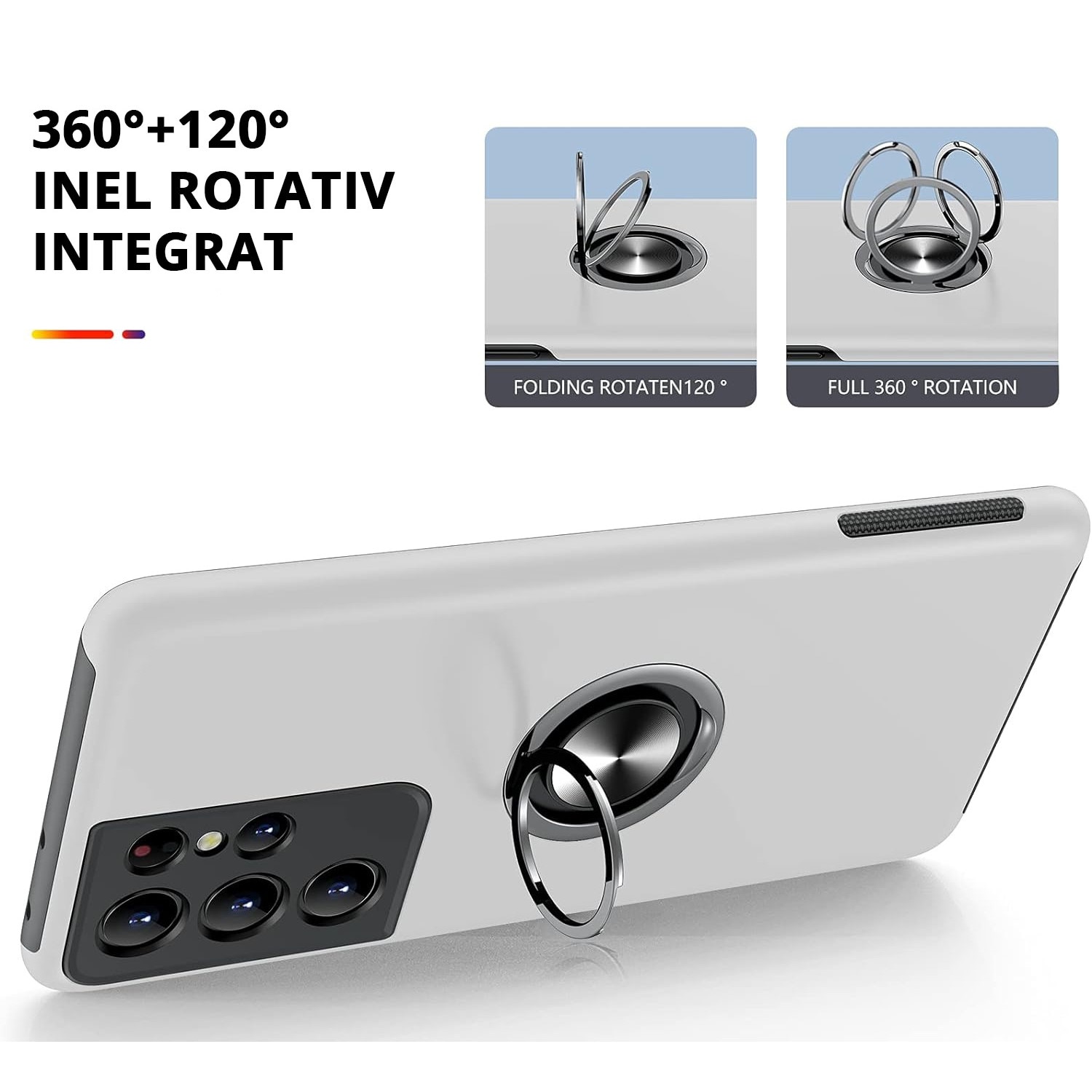Husa pentru Samsung Galaxy S21 ULTRA, inel rotativ si Kickstand 360°, Protectie Militara Antisoc, cu disipare termica, Silver