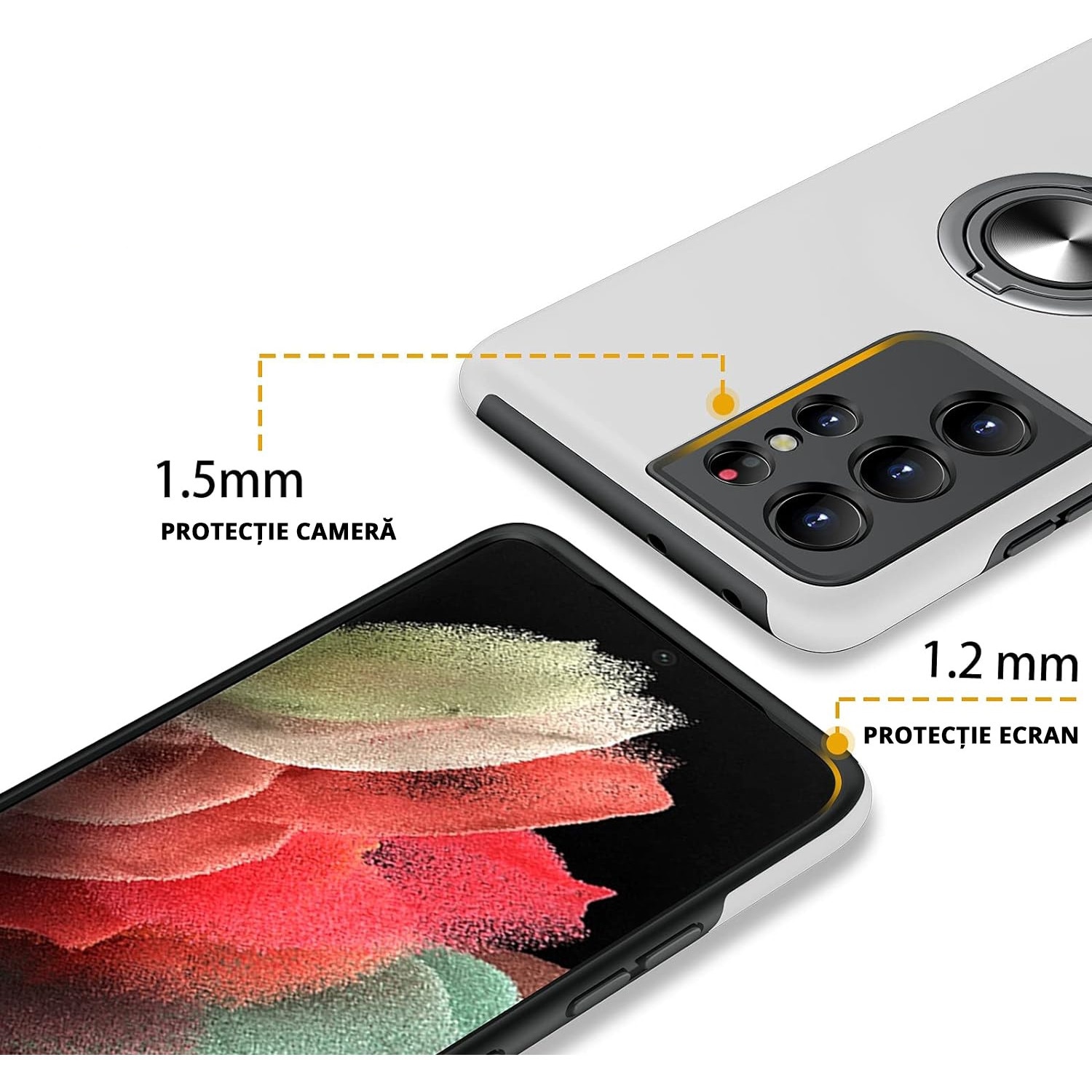 Husa pentru Samsung Galaxy S21 ULTRA, inel rotativ si Kickstand 360°, Protectie Militara Antisoc, cu disipare termica, Silver