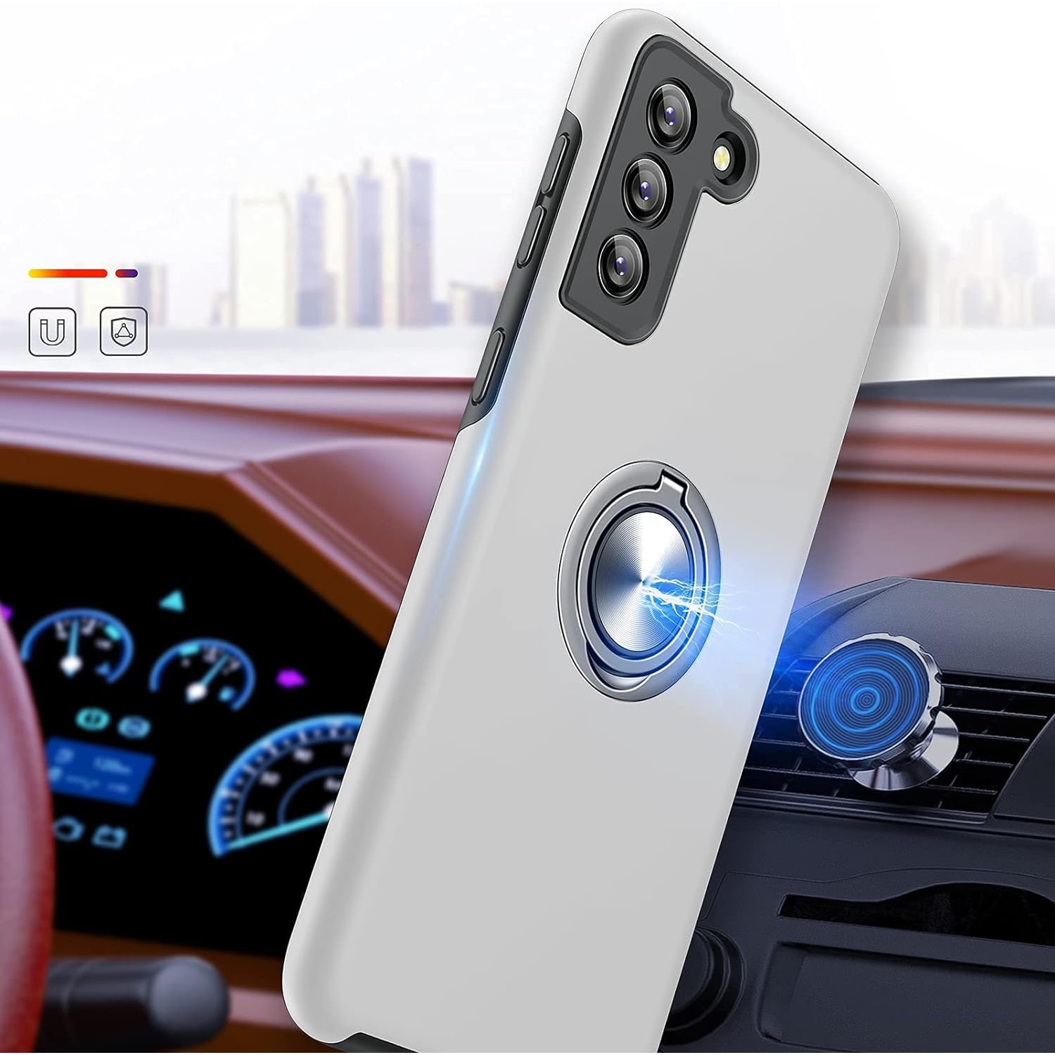Husa pentru Samsung Galaxy S21, inel rotativ si Kickstand 360°, Protectie Militara Antisoc, cu disipare termica, Silver