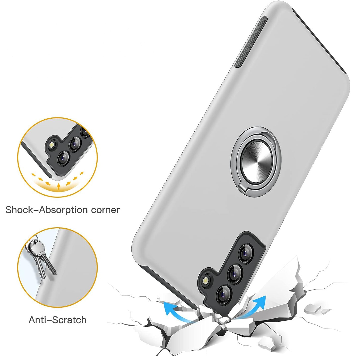 Husa pentru Samsung Galaxy S21, inel rotativ si Kickstand 360°, Protectie Militara Antisoc, cu disipare termica, Silver