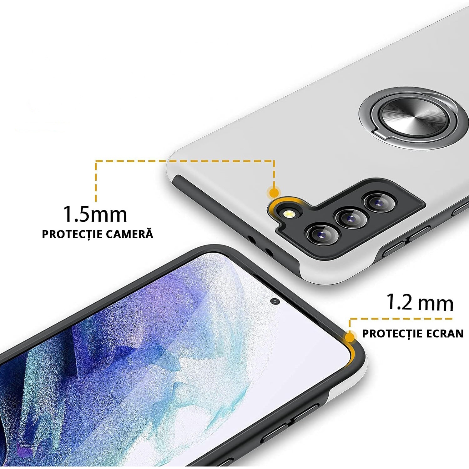 Husa pentru Samsung Galaxy S21, inel rotativ si Kickstand 360°, Protectie Militara Antisoc, cu disipare termica, Silver