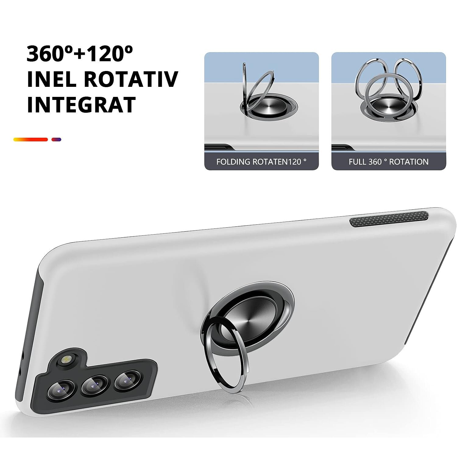 Husa pentru Samsung Galaxy S21, inel rotativ si Kickstand 360°, Protectie Militara Antisoc, cu disipare termica, Silver