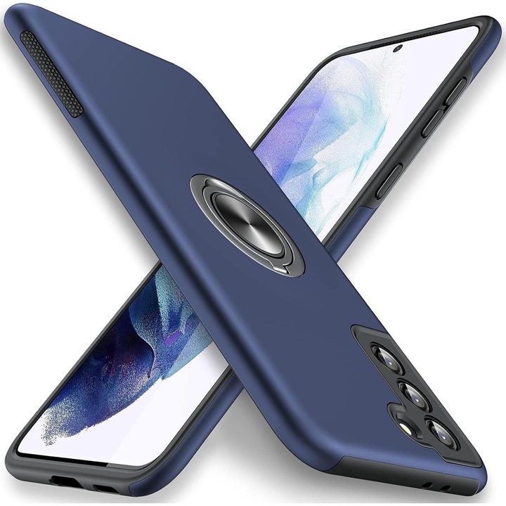 Husa pentru Samsung Galaxy S21, MobileSmart, Hibrid Antisoc, Inel Rotativ 360° Magnetic pentru Suport Auto, Albastru Inchis