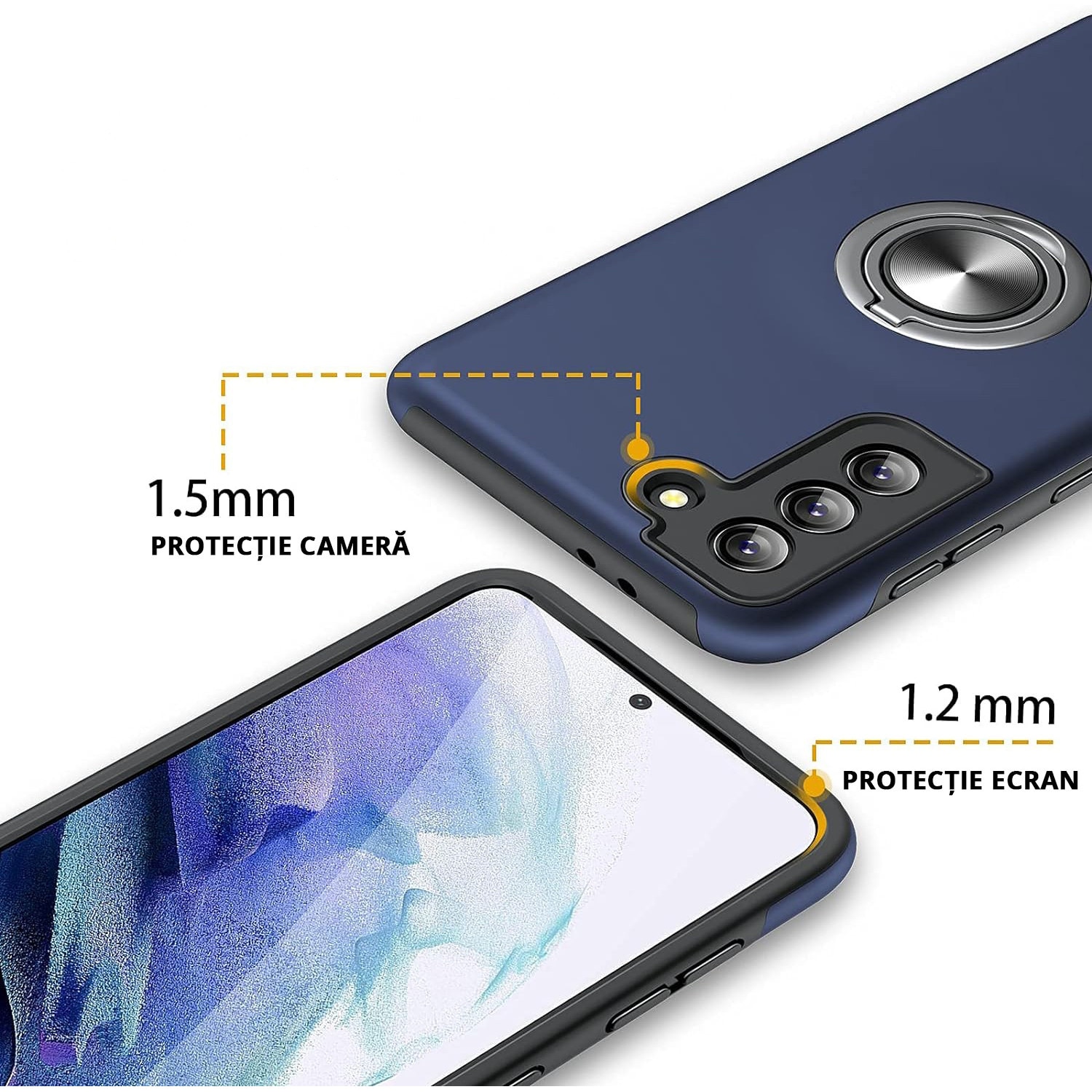 Husa pentru Samsung Galaxy S21, MobileSmart, Hibrid Antisoc, Inel Rotativ 360° Magnetic pentru Suport Auto, Albastru Inchis