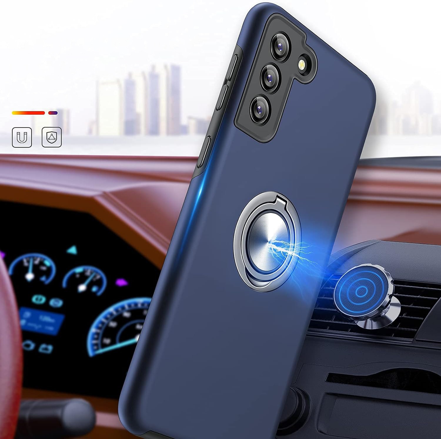 Husa pentru Samsung Galaxy S21, MobileSmart, Hibrid Antisoc, Inel Rotativ 360° Magnetic pentru Suport Auto, Albastru Inchis