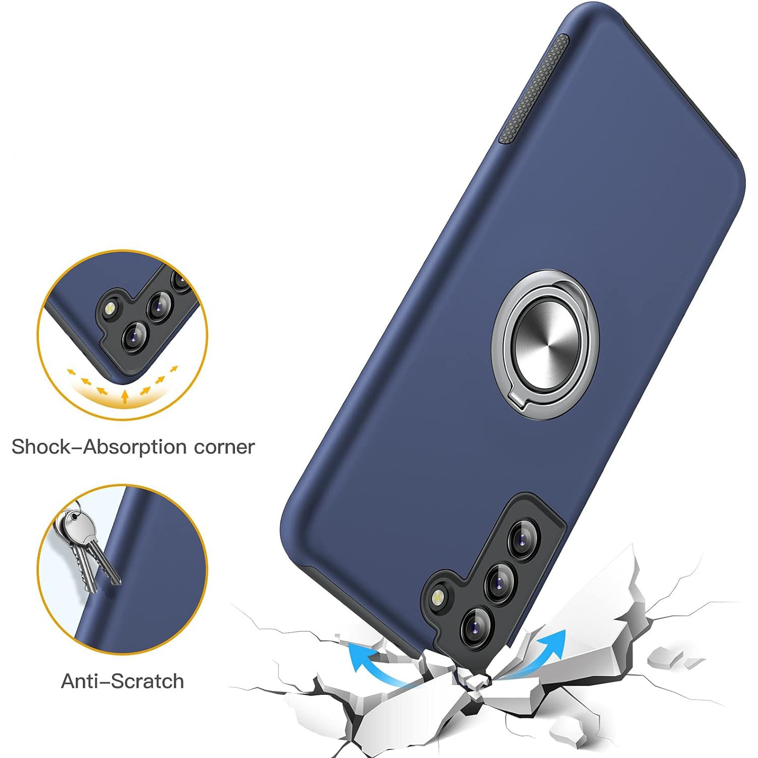 Husa pentru Samsung Galaxy S21, MobileSmart, Hibrid Antisoc, Inel Rotativ 360° Magnetic pentru Suport Auto, Albastru Inchis