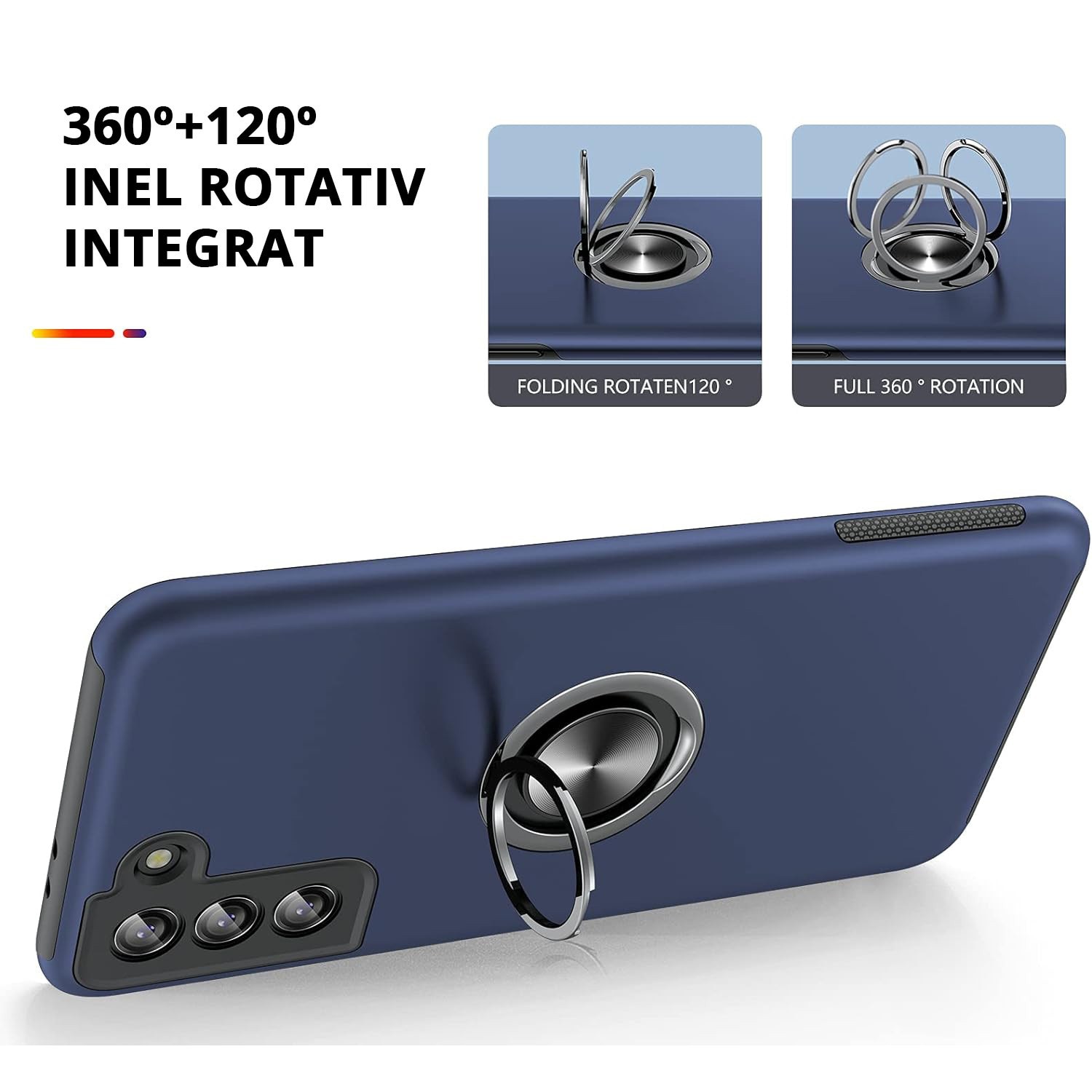 Husa pentru Samsung Galaxy S21, MobileSmart, Hibrid Antisoc, Inel Rotativ 360° Magnetic pentru Suport Auto, Albastru Inchis