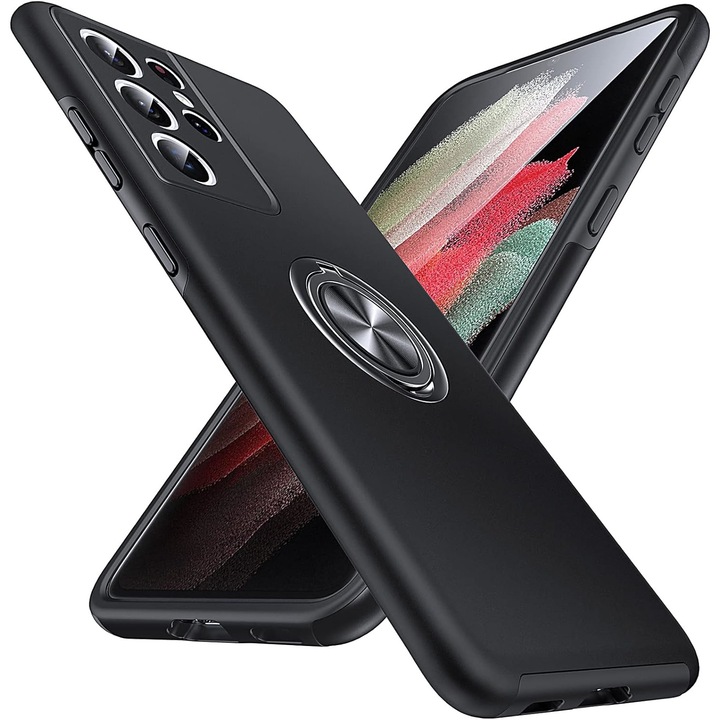 Husa pentru Samsung Galaxy S21 ULTRA, inel rotativ si Kickstand 360°, Protectie Militara Antisoc, cu disipare termica, Negru