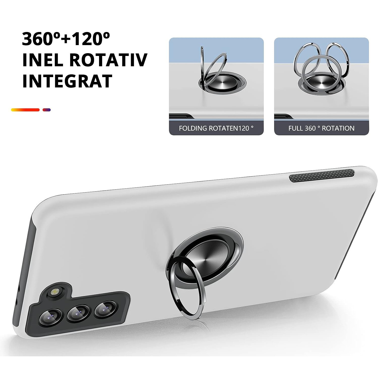 Husa pentru Samsung Galaxy S21 Plus, MobileSmart, Hibrid Antisoc, Inel Rotativ 360° Magnetic pentru Suport Auto, Argintiu