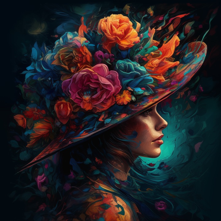 Картина на платно спалня, хол, Портрет на жена с цветя, природа, 50 x 50 cm