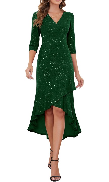 Rochie eleganta de seara pentru femei, BeryLove, lunga cu volane, asimetrica, cu sclipici, marimea S, Verde