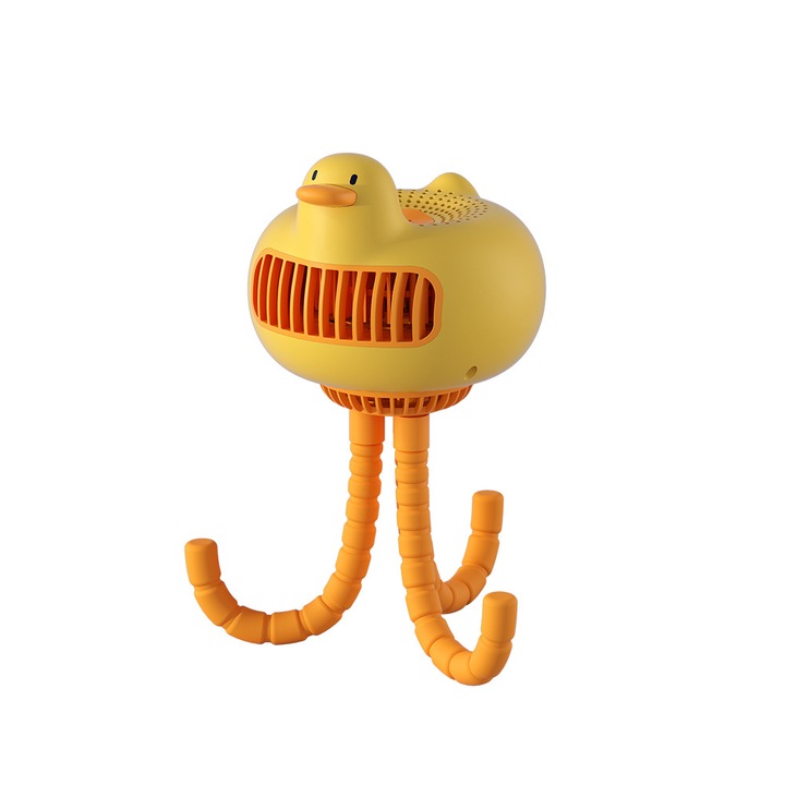 Ventilator portabil cu model in forma de ratusca, rotatie automata de 130 de grade, USB, 3 trepte de viteza, picioare cu prindere reglabile, Tessero, galben