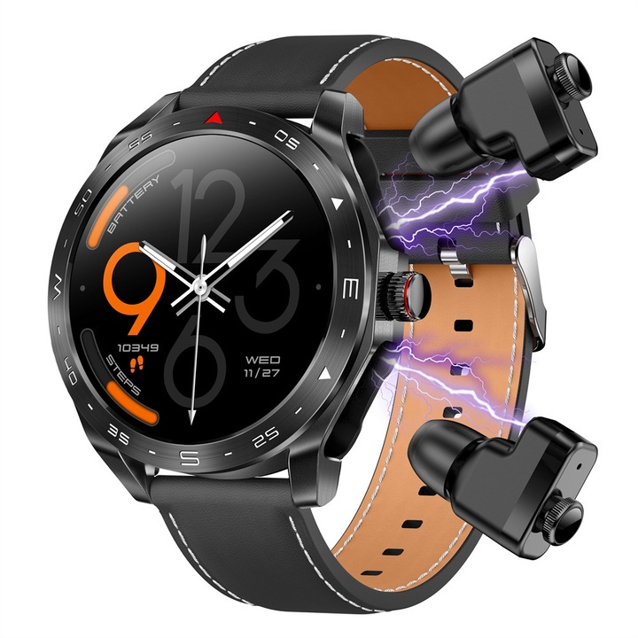 Ceas smartwatch ZEEVOS cu casti bluetooth TWS incorporate, 2in1, monitorizare activitati fizice, apel bluetooth HD, functie hands free, notificari, multisport, ritm cardiac, tensiune arteriala, pedometru, calorii, bratara din piele neagra