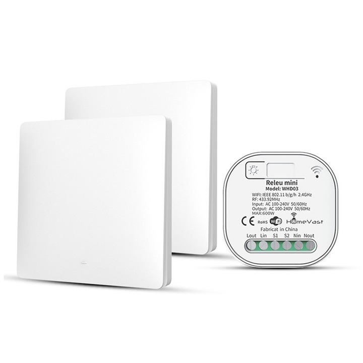 Kit 2 intrerupatoare cinetice RF433, HomeVast®, 1 canal, alb, plus 1 receiver inteligent, WiFi, on/off, compatibil Tuya, Smartlife, Google Home si Amazon Alexa, model WHD03