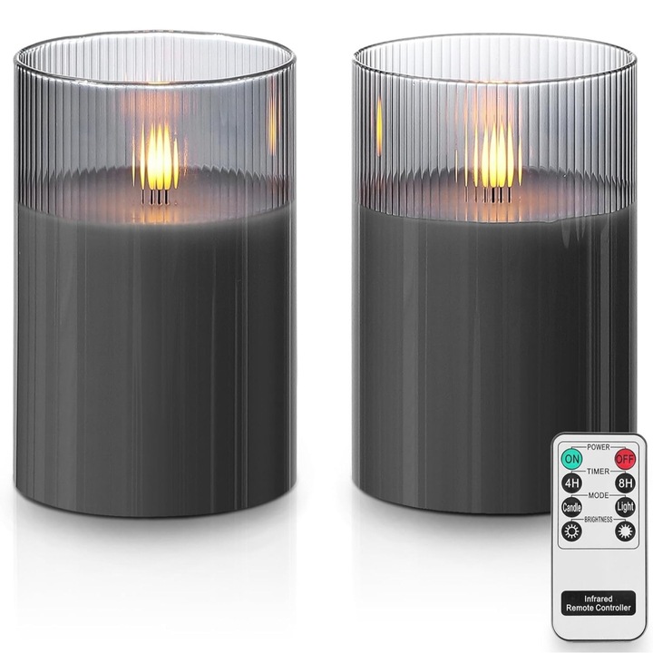 2 db LED díszgyertya készlet, távirányító, 10x15 cm, elemes, szürke