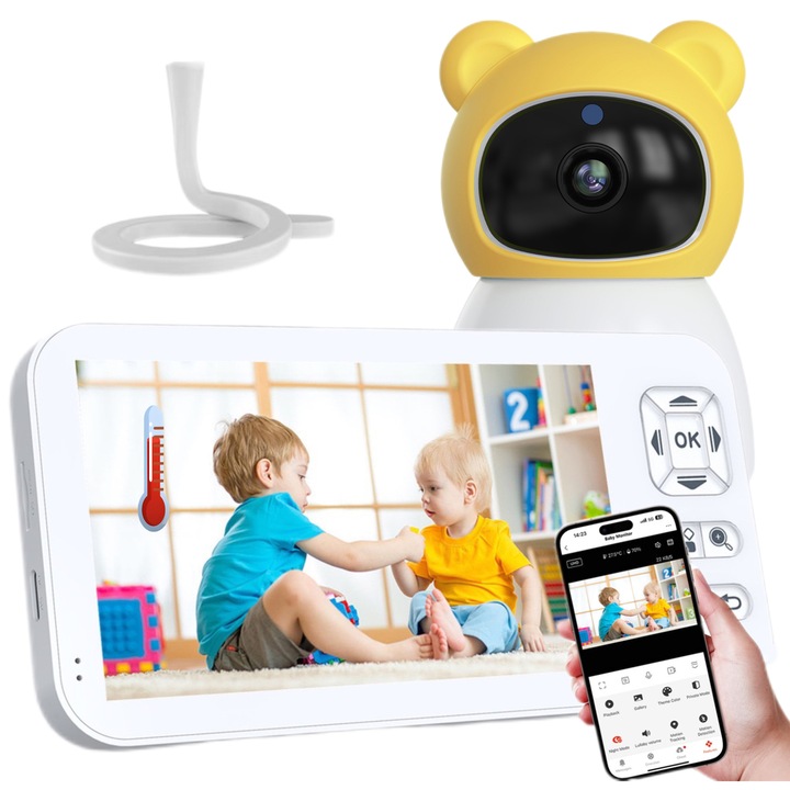 Monitor video pentru bebelusi, afisaj de 5 inchi 3MP si camera 360° cu lumina de noapte, control prin aplicatie mobila si monitor LCD, urmarire automata, miscare AI si detectie sunet, baterie reincarcabila de 3000 mAh, sunet bidirectional