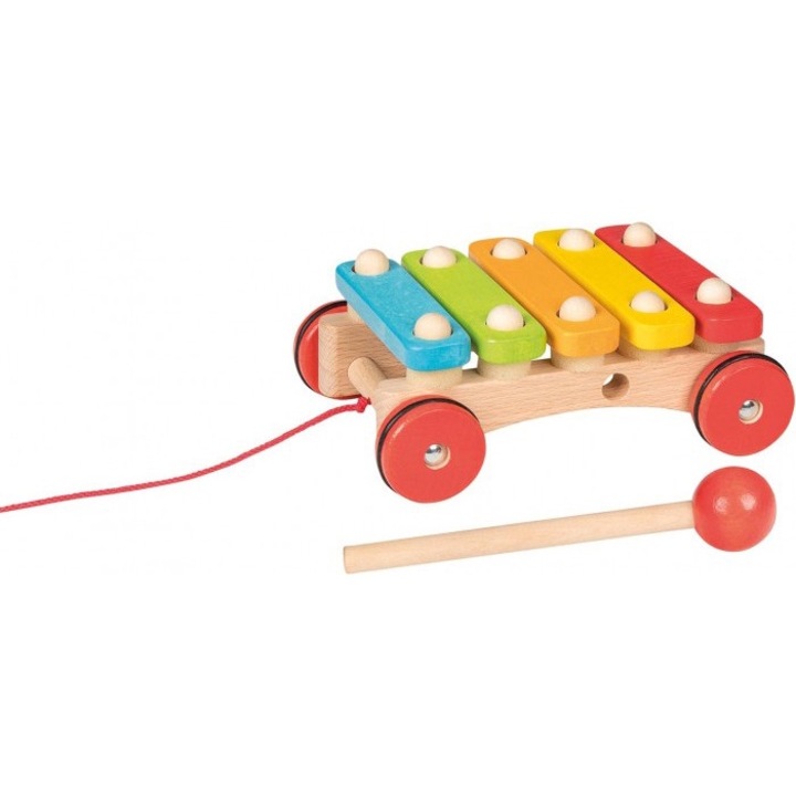 Xilofon muzical copii pe roti, Goki, Lemn, Cu snur, 178x69x127 mm, 3 ani+, Multicolor