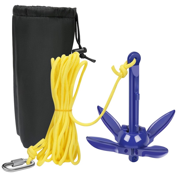 Ancora pentru barca cu vasle pentru caiac, nu necesita instalare Grapnel pliabil, durabilitate de calitate marina, potrivita pentru fundul stancos de corali nisipuri, include geamandura pentru identificare (1 buc.)